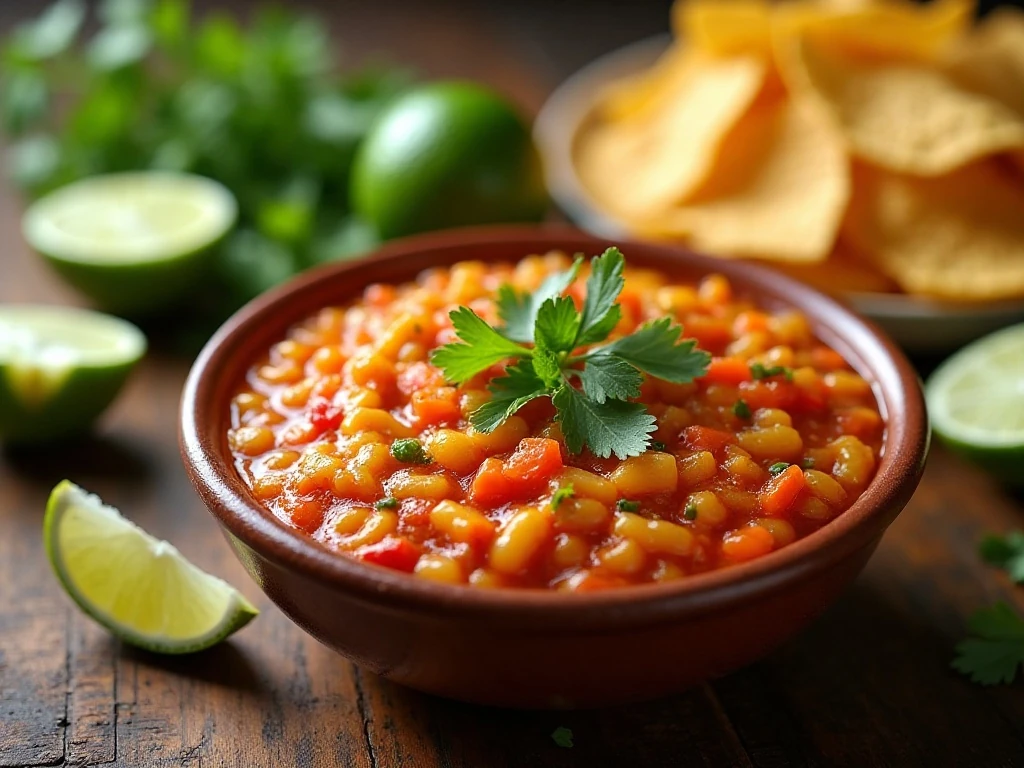 Colorful cowboy caviar served with tortilla chips and lime wedges
