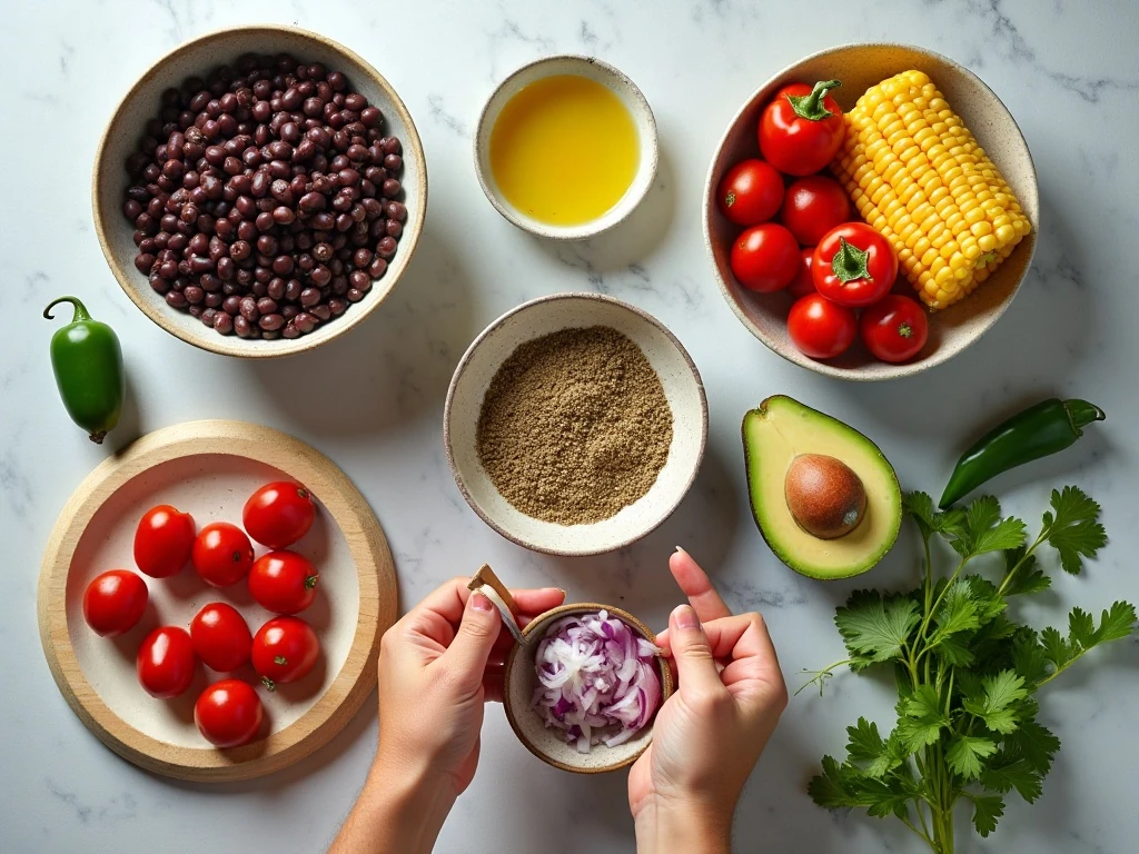 Ingredients for homemade cowboy caviar arranged on a counter