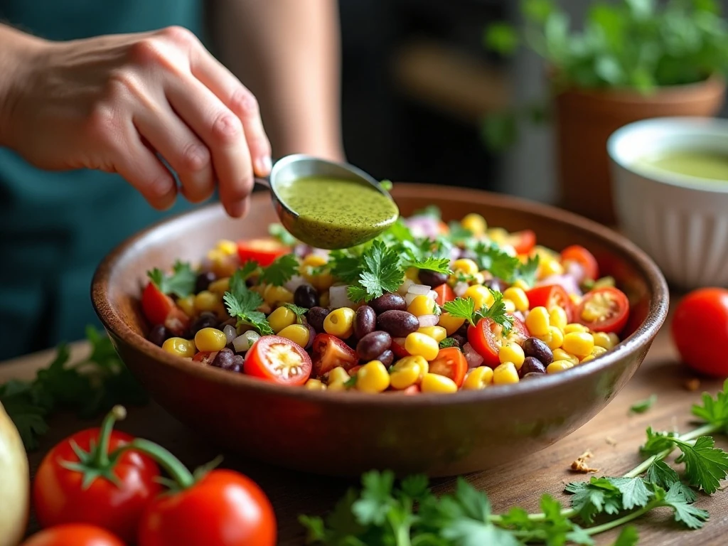 Preparing bean and vegetable mixture for cowboy caviar