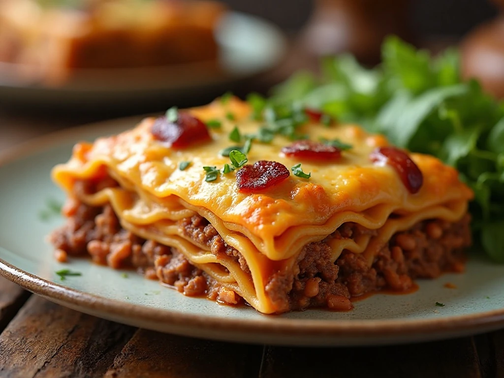 Hearty cowboy lasagna served as a family-style comfort-food dinner