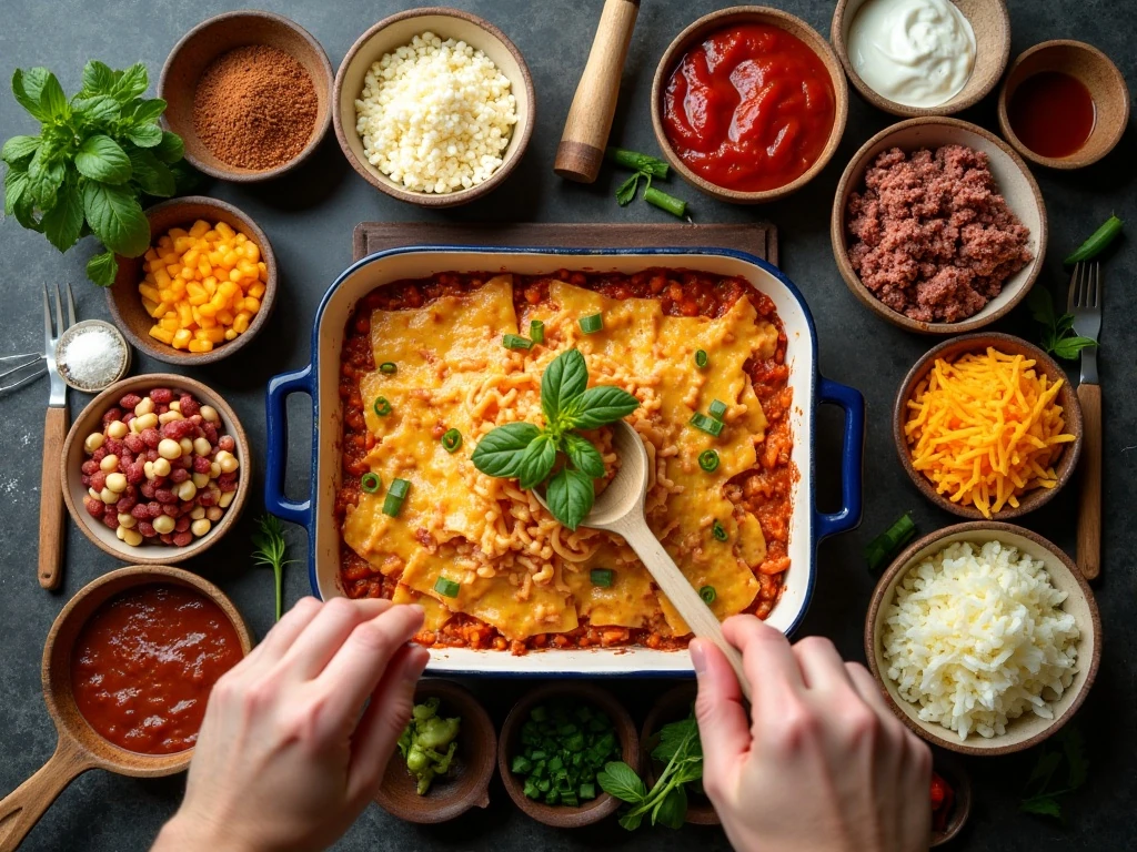 Ingredients for easy cowboy lasagna arranged on a kitchen counter