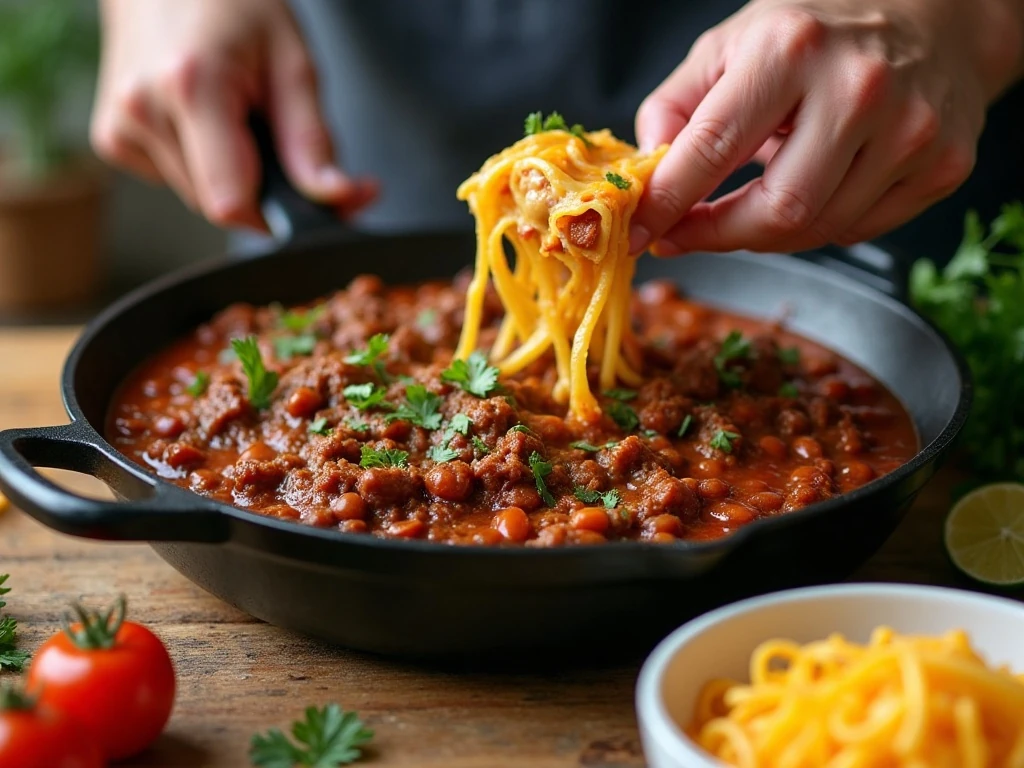Preparing the beef sauce and cheese mixture for cowboy lasagna
