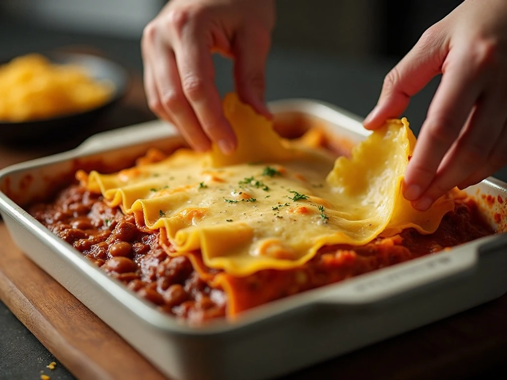 Layering noodles, cheese filling, and beef sauce for cowboy lasagna