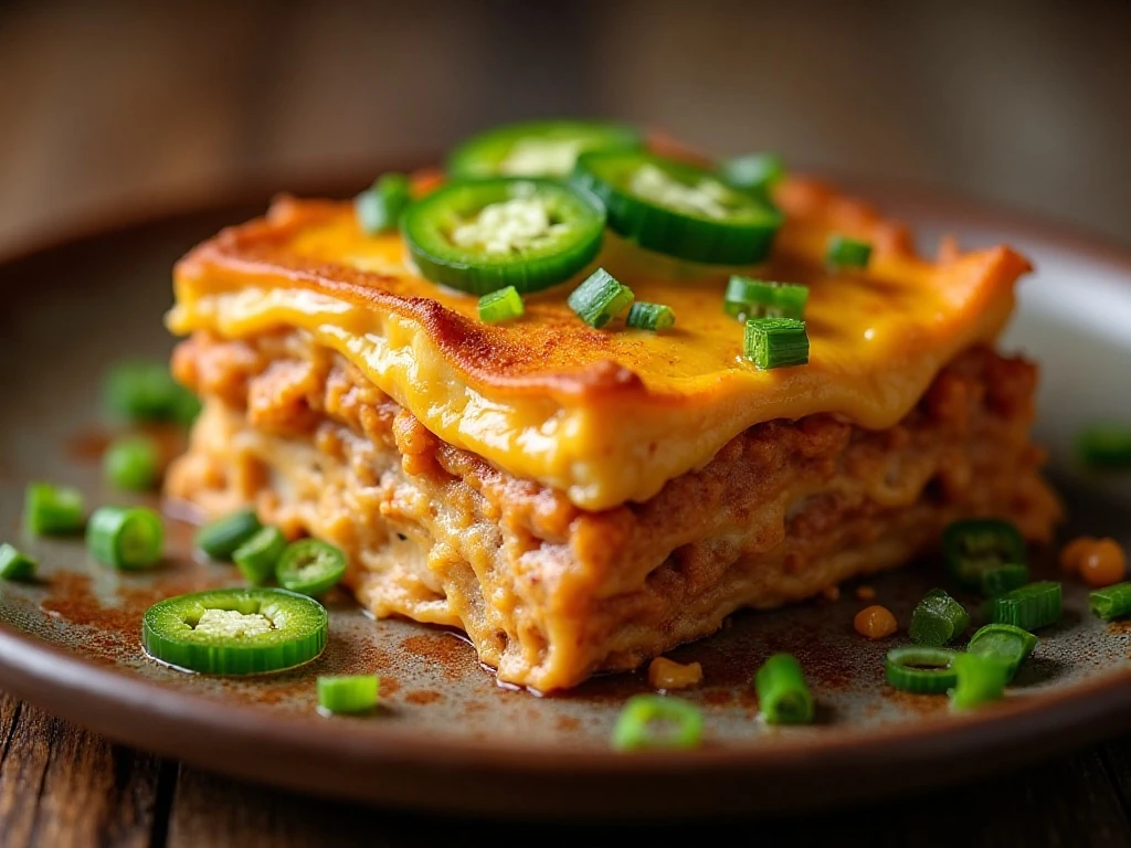 Cowboy lasagna garnished with green onions and jalapenos
