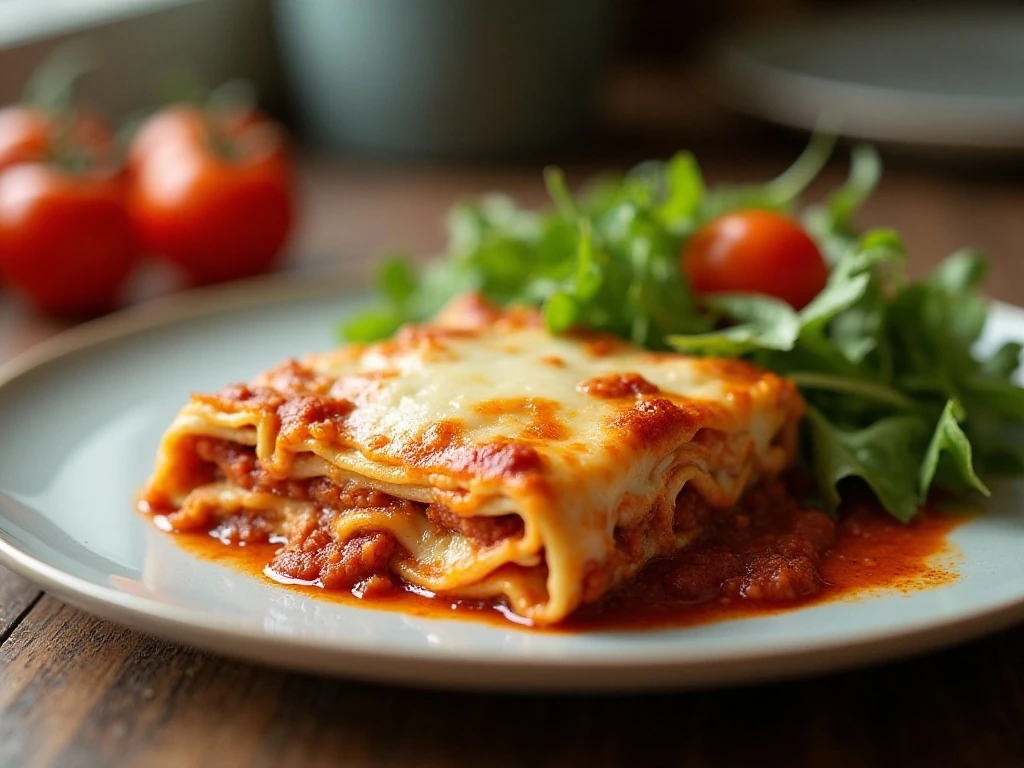 A reheated serving of leftover cowboy lasagna with distinct layers