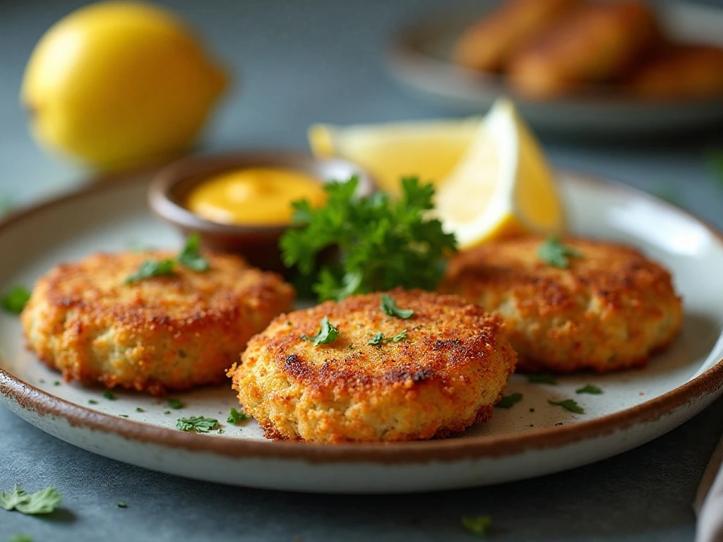 Golden homemade crab cakes served with lemon wedges and remoulade