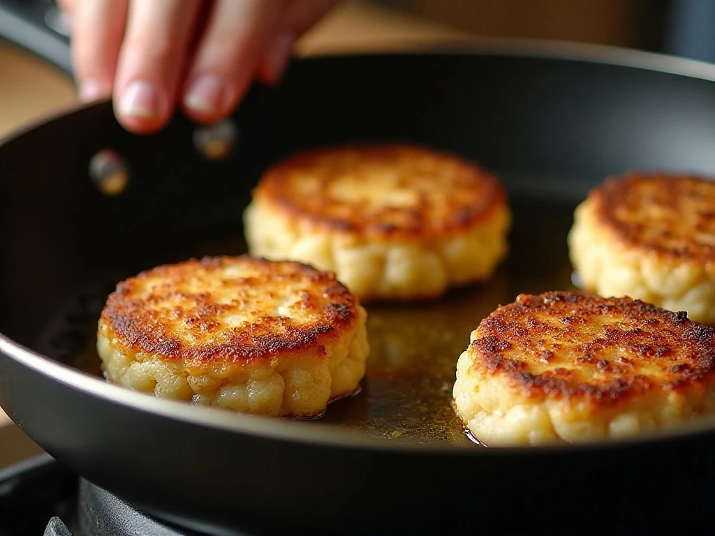 Crab cakes browning in a skillet for a crisp crust