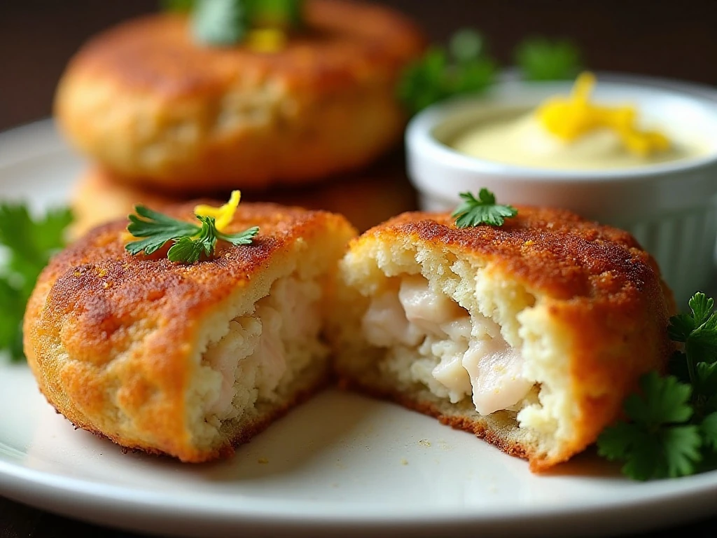 Close-up of a crisp crab cake with chunky crab center and sauce