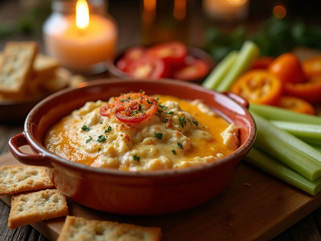 Hot baked lump crab dip served with crackers and vegetables