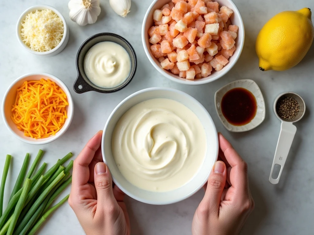 Ingredients for easy baked crab dip arranged on a kitchen counter