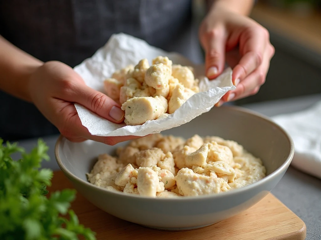 Well-drained lump crabmeat prepared for crab dip