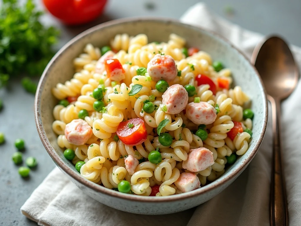 Creamy crab pasta salad with rotini, peas, vegetables, and dill dressing