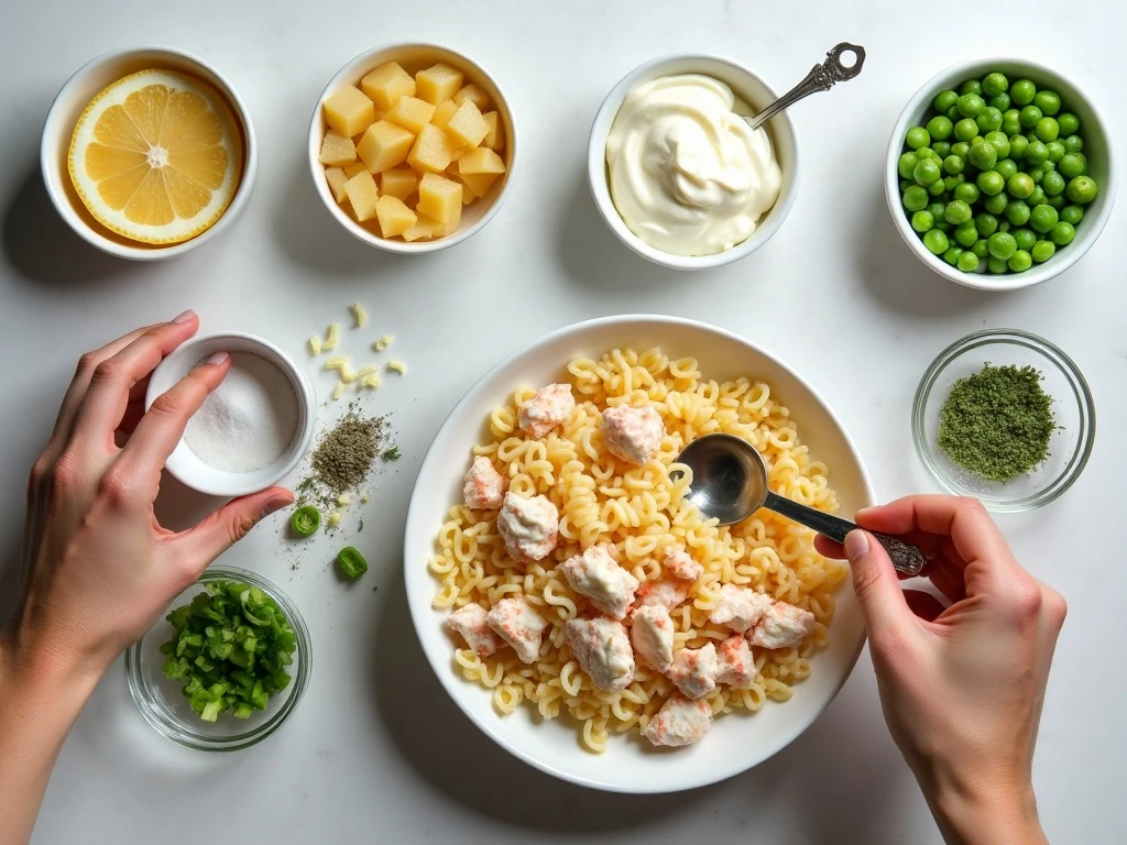 Ingredients for easy creamy crab pasta salad arranged for cooking