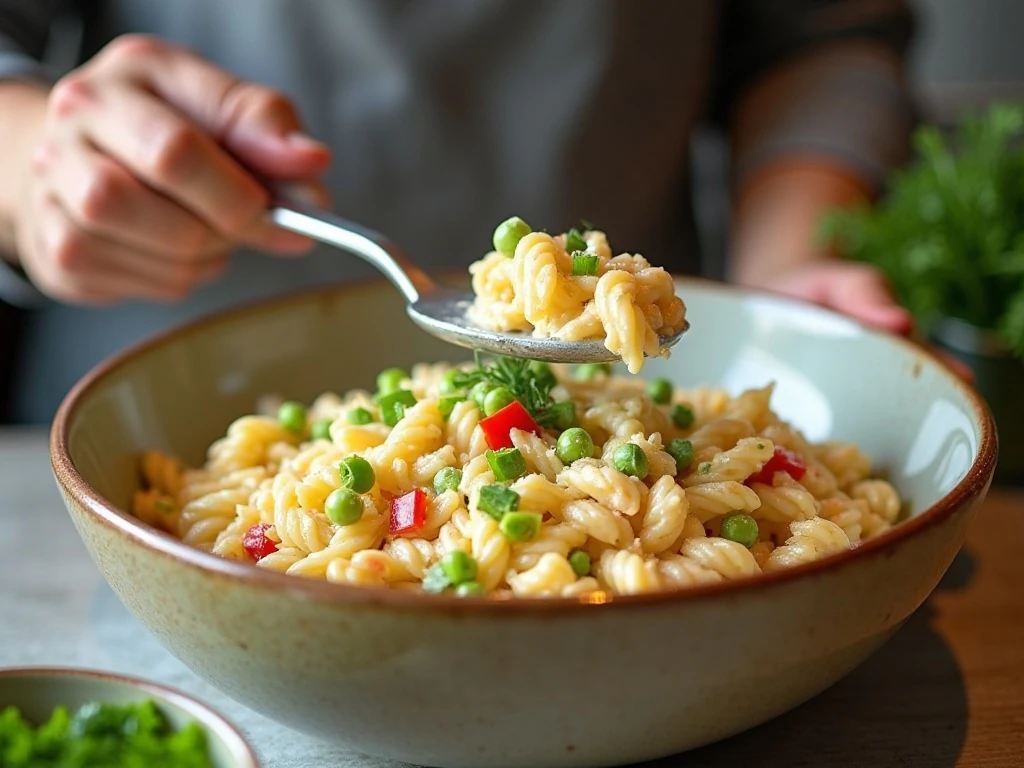 Folding crab, pasta, vegetables, and creamy dressing together