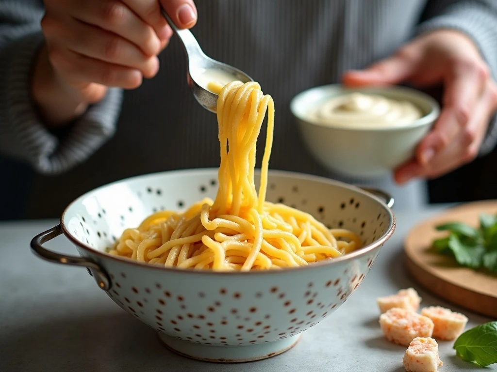 Cooled pasta and creamy dressing prepared for crab pasta salad