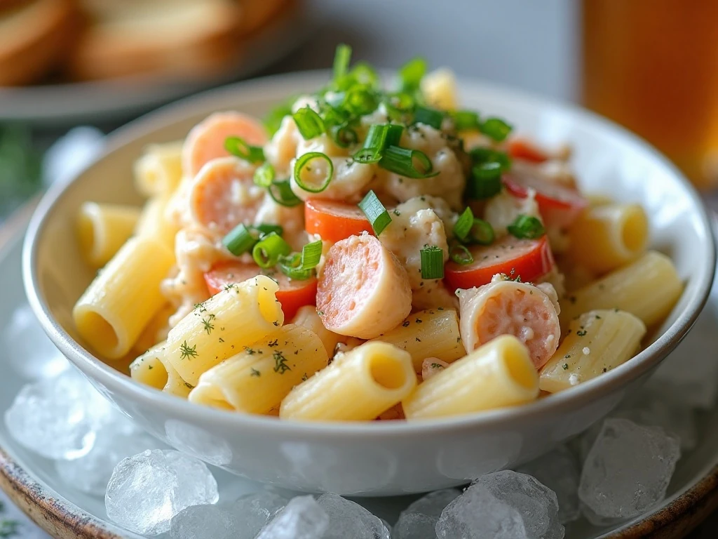 Chilled creamy crab pasta salad garnished with green onions and dill