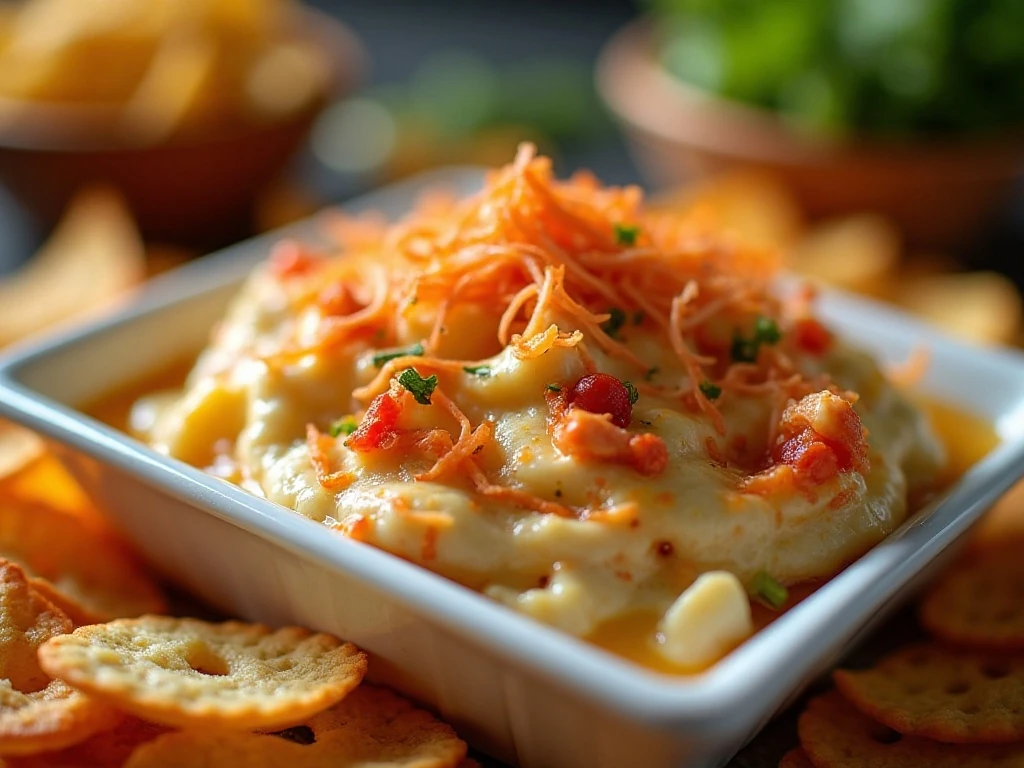 Hot crab rangoon dip served with wonton chips and vegetables
