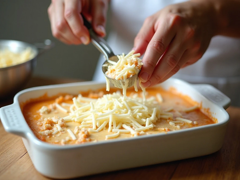 Crab rangoon dip being prepared in a baking dish