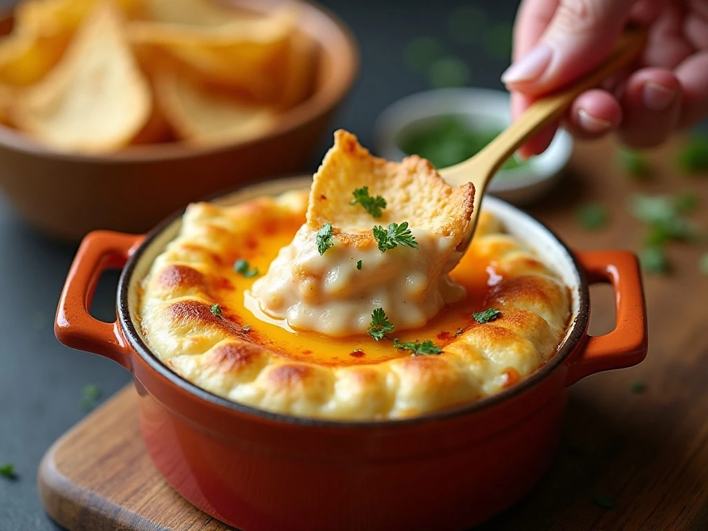 Reheated hot crab rangoon dip ready to serve