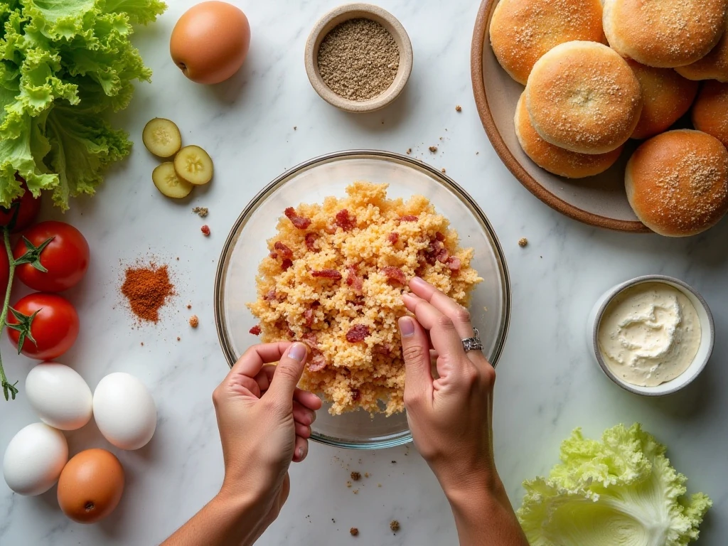Ingredients for crack chicken burgers arranged in a flat lay