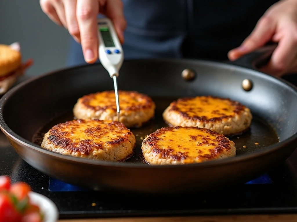 Chicken burger patties cooking in a skillet with a thermometer