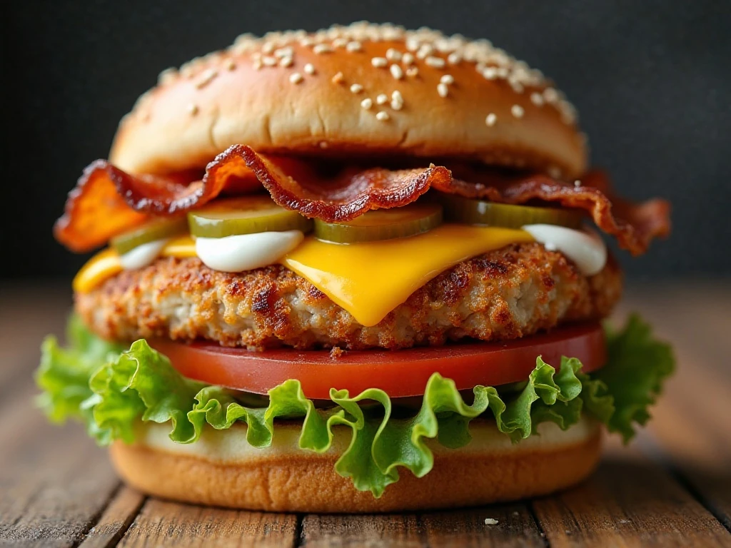 Close-up of a crack chicken burger with ranch sauce and fresh toppings