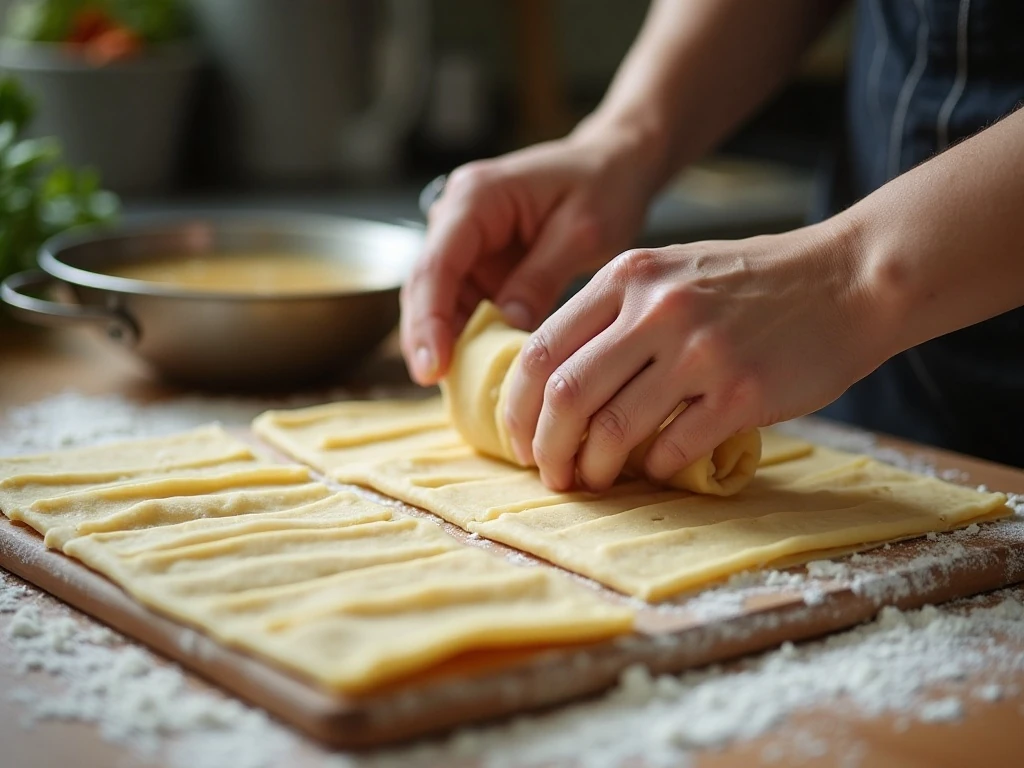 Rolled flat dumplings being prepared for chicken and dumplings