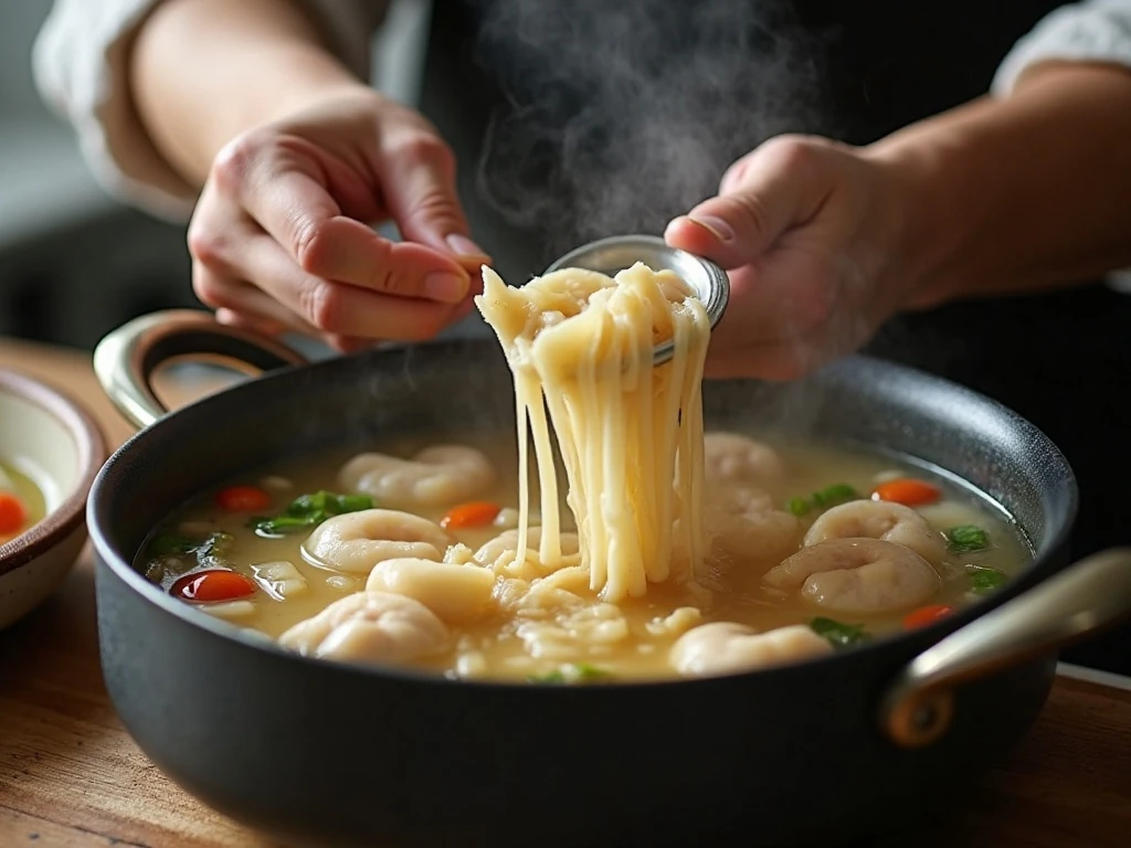 Flat dumplings simmering gently in seasoned chicken broth