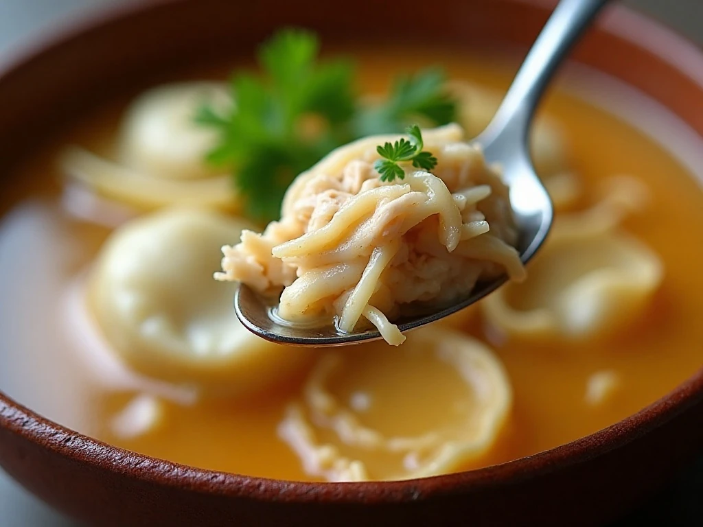 Close-up of tender dumplings and chicken in savory broth