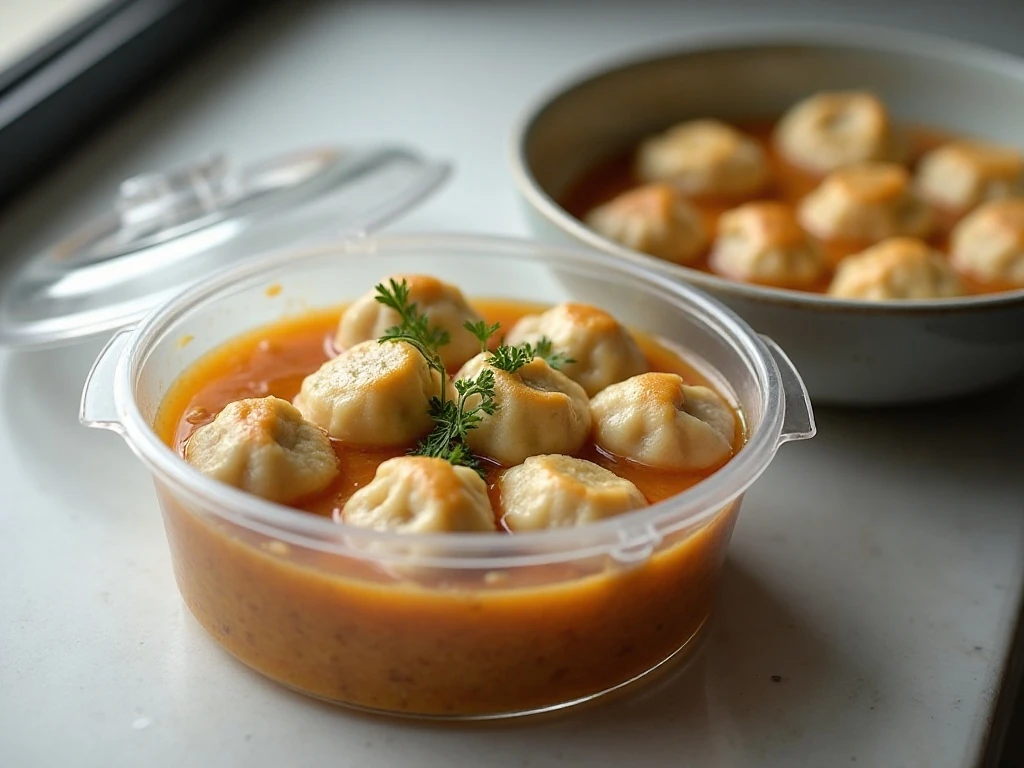 Chicken and dumplings prepared for storage and reheating