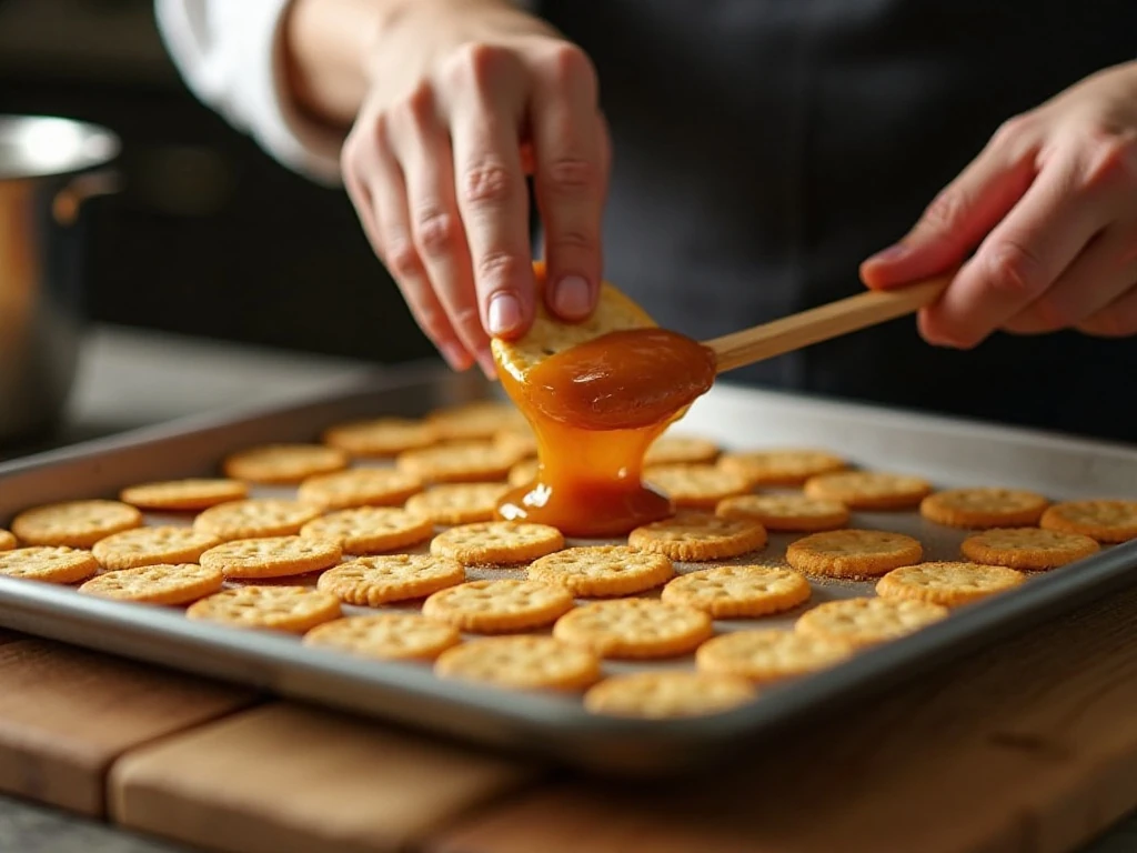 Spreading homemade caramel over saltine crackers for cracker candy