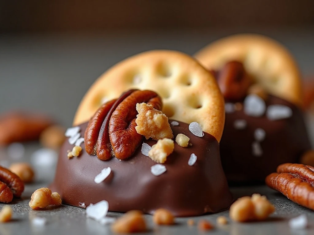Close-up of cracker candy with nuts and flaky sea salt toppings