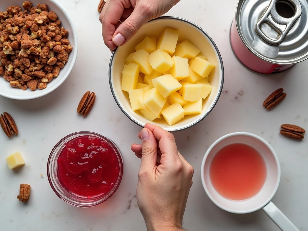 Ingredients for easy Cran-Raspberry Jello Salad arranged for preparation