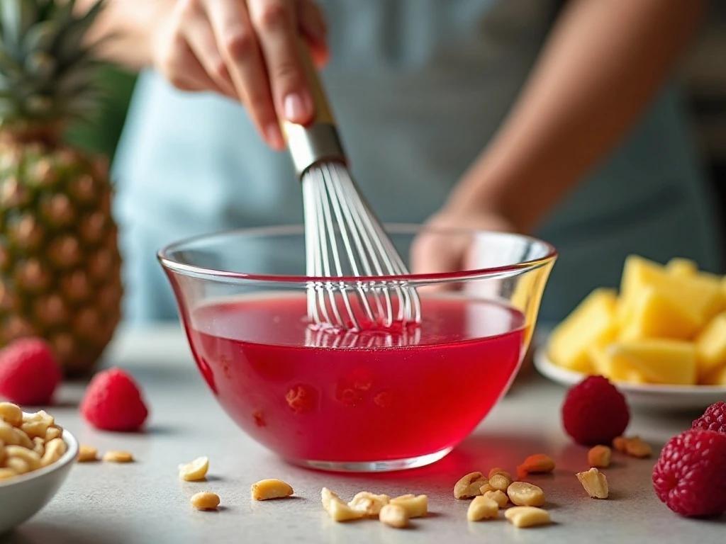 Raspberry gelatin and cranberry sauce being mixed for Jello salad