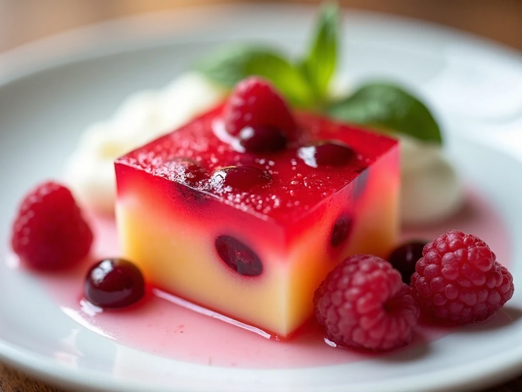 Chilled Cran-Raspberry Jello Salad square with fruit garnish