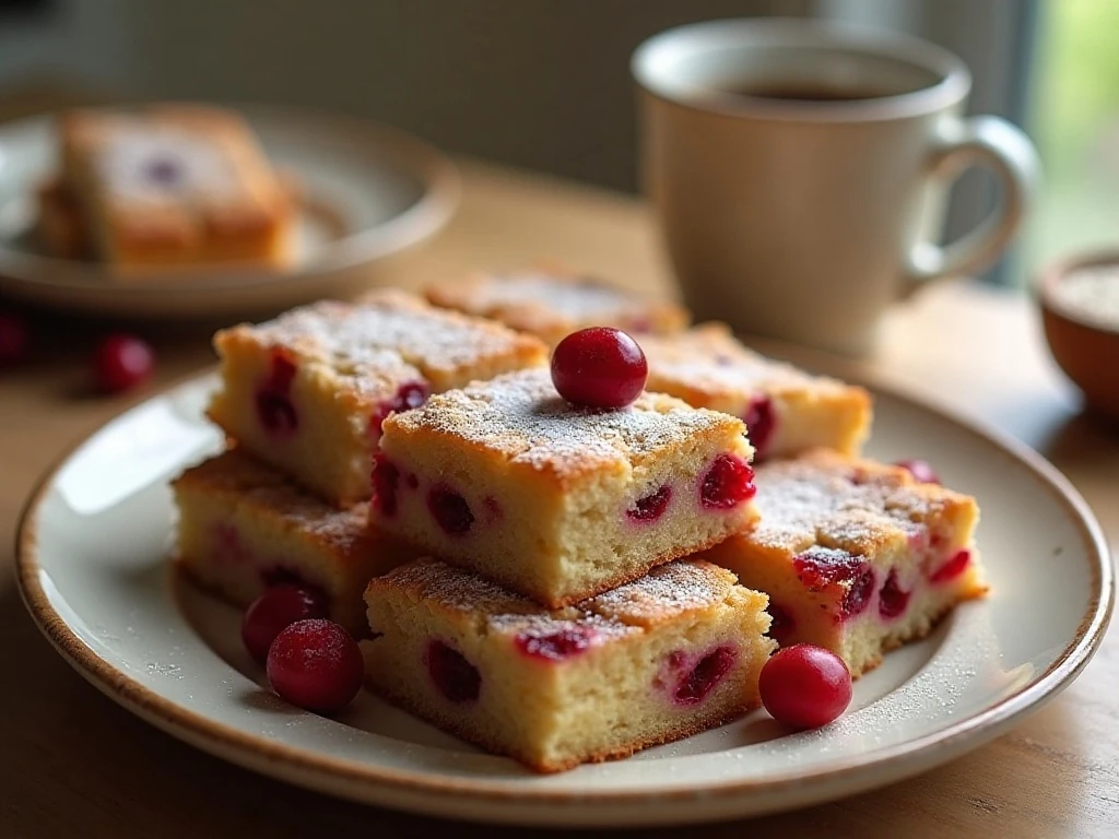 Cranberry almond breakfast cake squares served with coffee