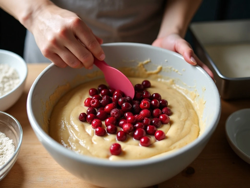 Folding cranberries into breakfast cake batter