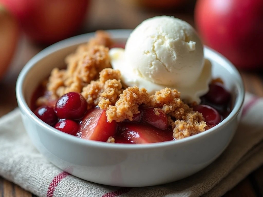 Warm cranberry apple crisp with vanilla ice cream