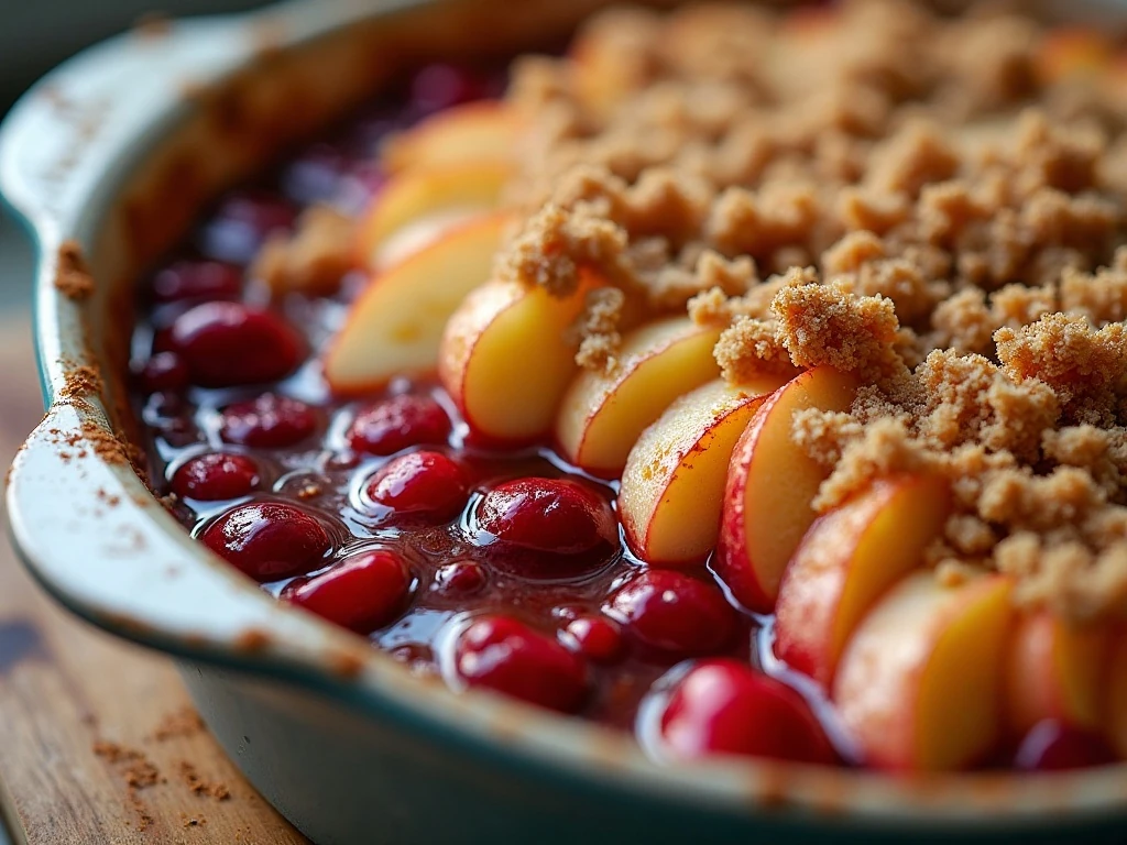 Golden oat topping and bubbling cranberry apple filling