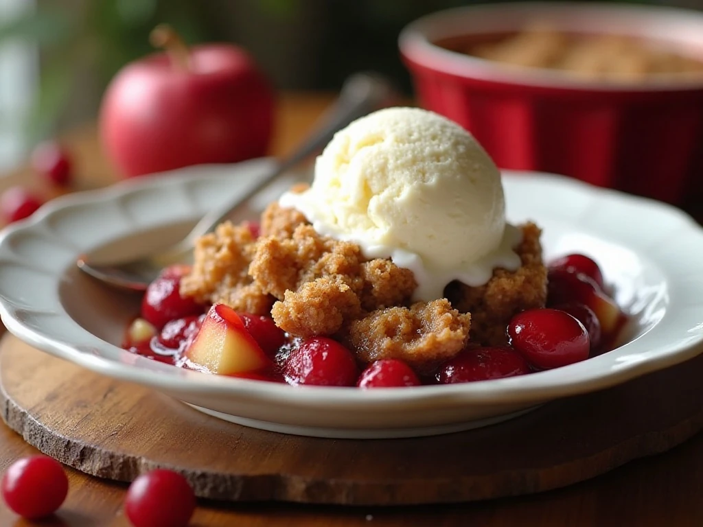 Cranberry apple crisp served with ice cream