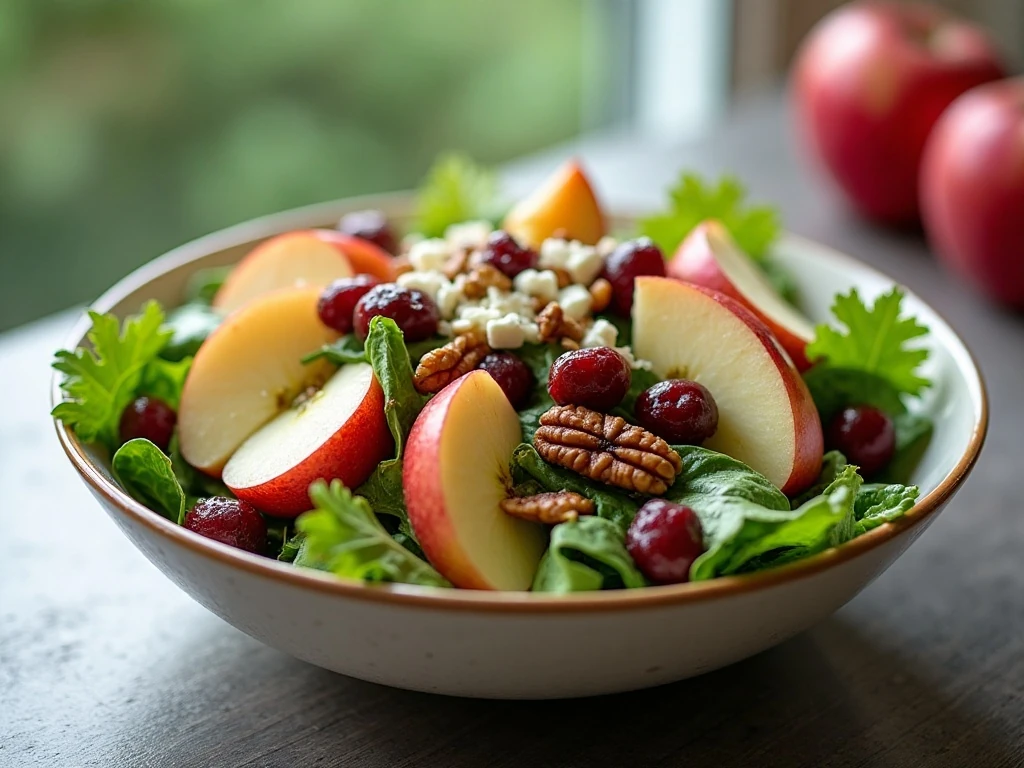 Finished cranberry apple salad with apples, cranberries, nuts, feta, and greens