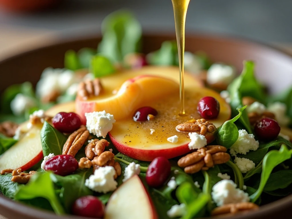 Sweet-tangy dressing coating cranberry apple salad before serving