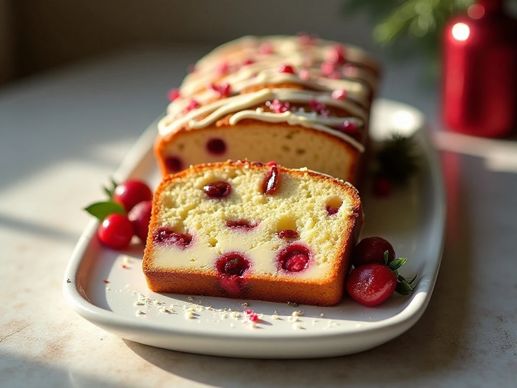 Sliced cranberry bliss bread with cranberries and white chocolate topping
