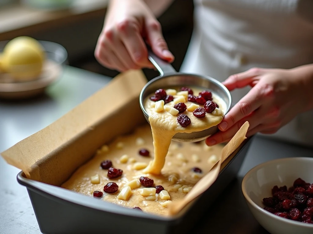 Folding cranberries and white chocolate into quick-bread batter