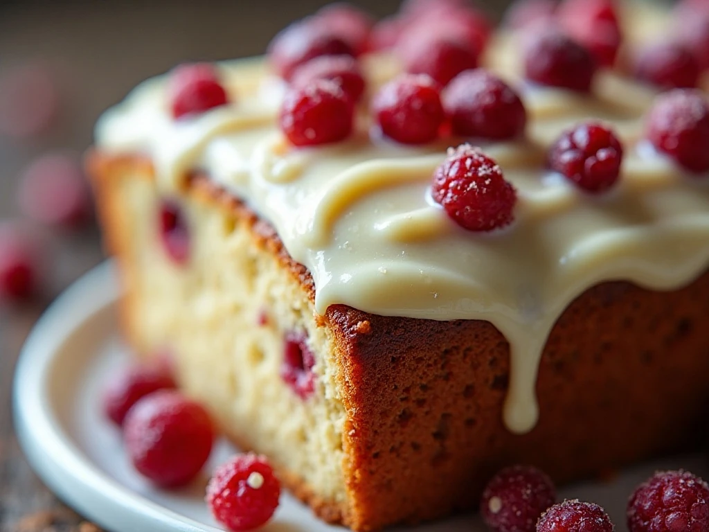 Close-up of cream-cheese glazed cranberry bliss bread