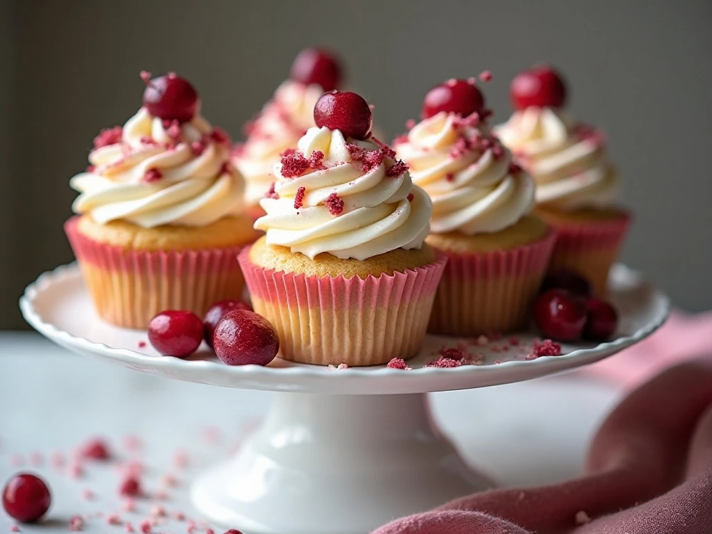 Festive cranberry bliss cupcakes topped with white chocolate frosting and cranberries
