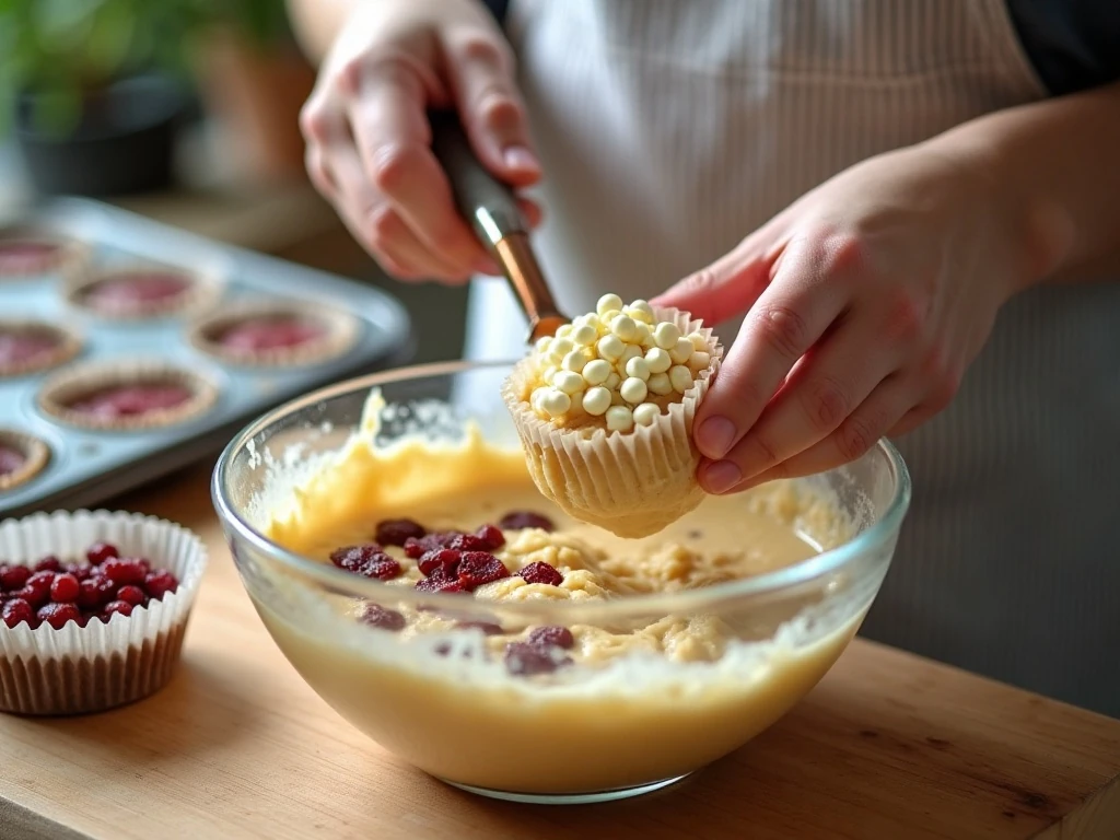 Folding cranberries and white chocolate into cupcake batter