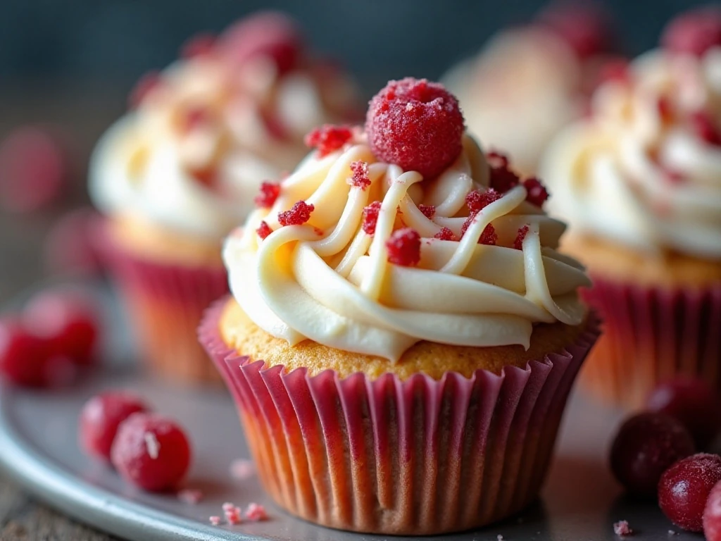 Close-up of cranberry and white chocolate cupcake garnish