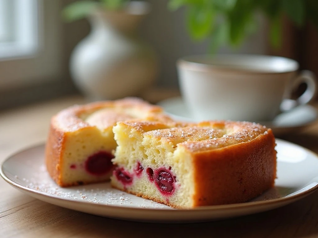 Golden cranberry breakfast cake served in wedges for breakfast
