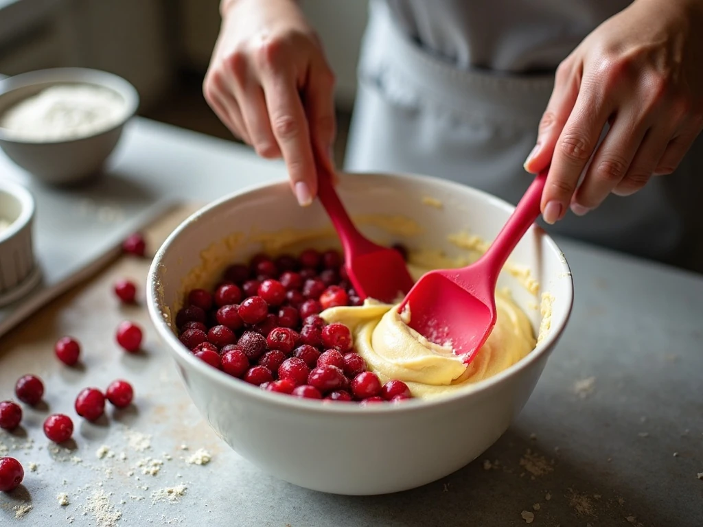 Folding cranberries into breakfast cake batter